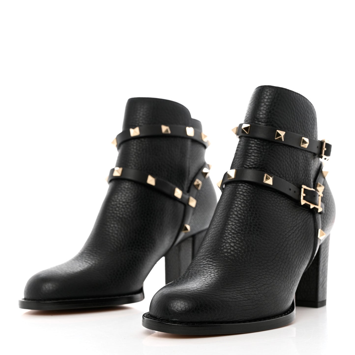 Pebbled Calfskin Rockstud Double Buckle 70mm Block Heel Ankle Boots 38.5 Black