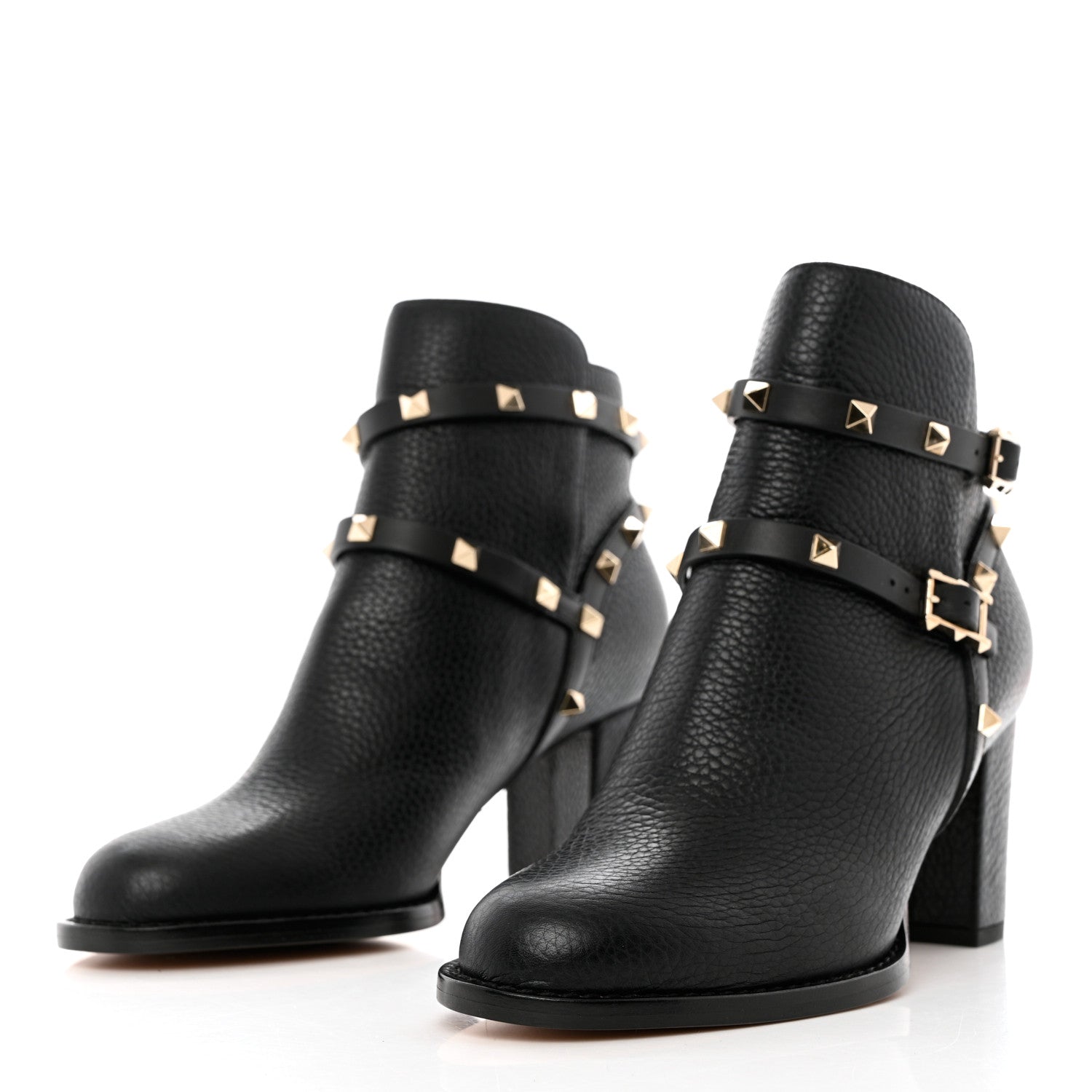 Valentino Garavani Pebbled Calfskin Rockstud Double Buckle 70mm Block Heel Ankle Boots 38.5 Black 3 of 13