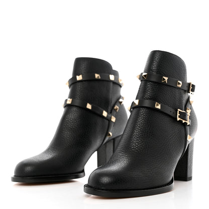 Valentino Garavani Pebbled Calfskin Rockstud Double Buckle 70mm Block Heel Ankle Boots 38.5 Black 3 of 13