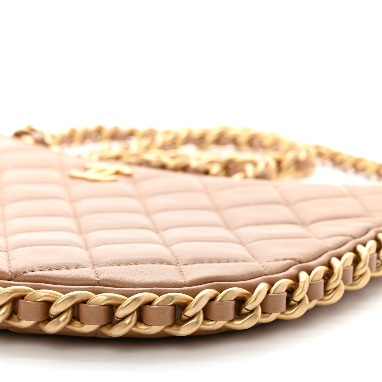Shiny Crumpled Lambskin Quilted Large Trendy Chain Around Hobo Dark Beige
