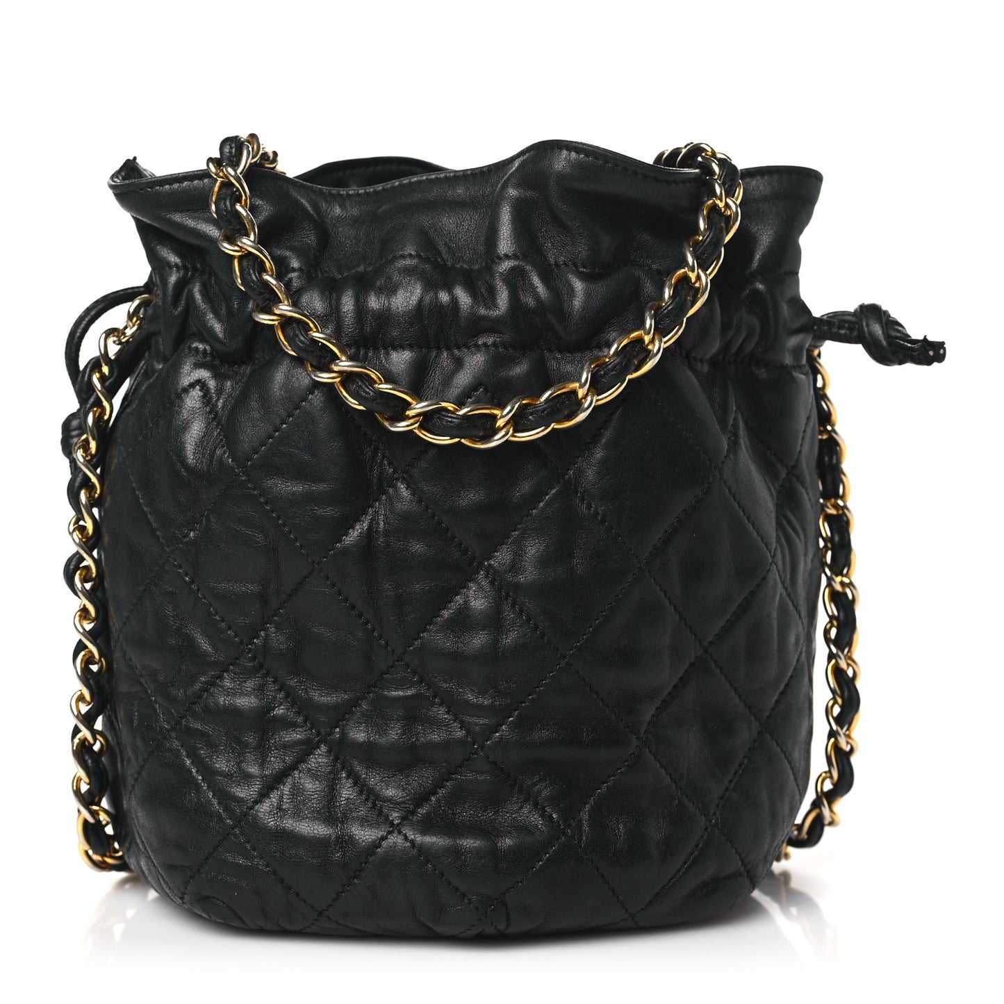 Lambskin Quilted Mini Drawstring Bucket Bag Black