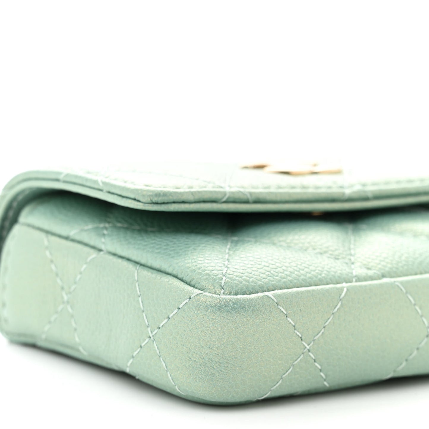 Iridescent Caviar Quilted Pearl On Top Coin Purse With Chain Light Green