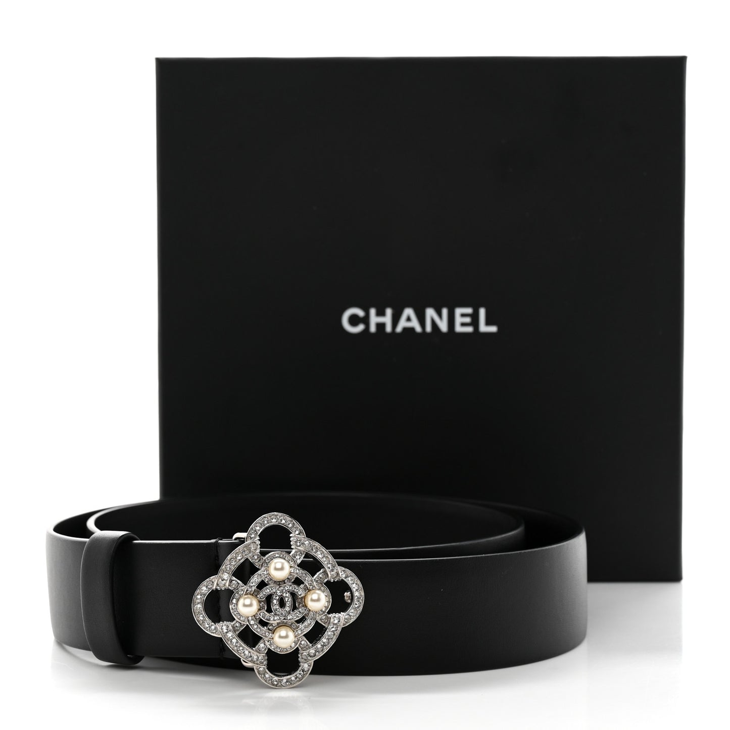 Calfskin Crystal Pearl CC Belt 85 34 Black Silver