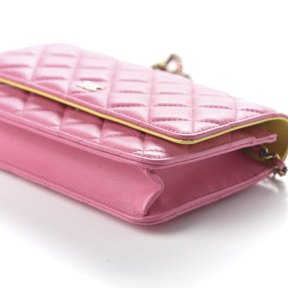 Chanel Lambskin Quilted Wallet On Chain WOC Pink Yellow 7 of 11