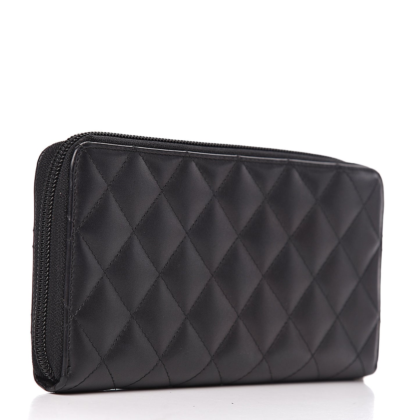 Calfskin Quilted Cambon Large Gusset Zip Around Wallet Black Silver