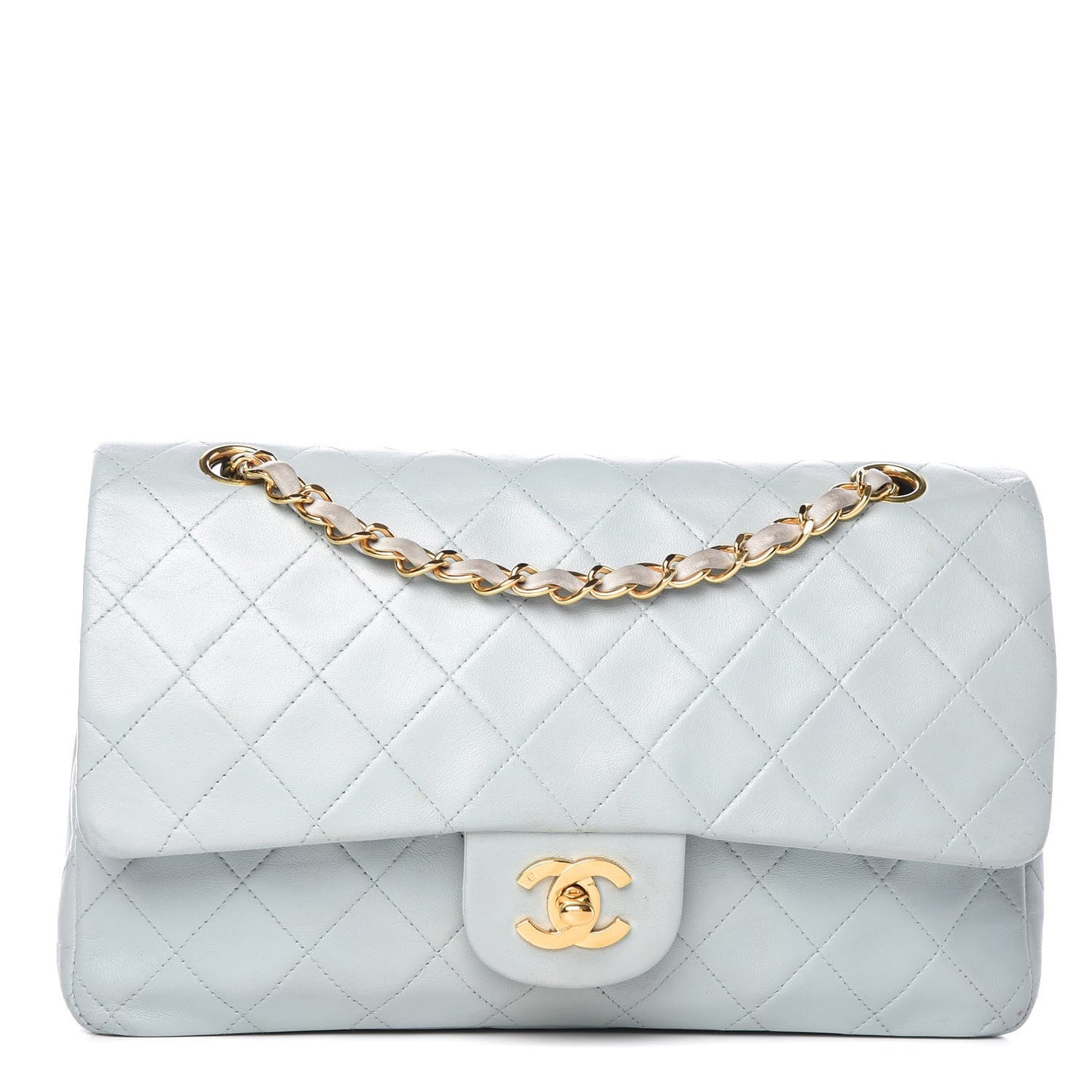 Lambskin Quilted Medium Double Flap Light Blue