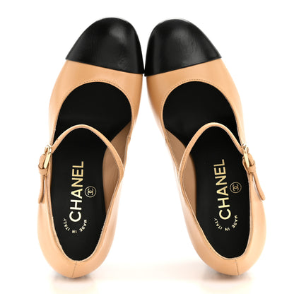 Chanel Shiny Goatskin Pearls Cap Toe Open Slingback Pumps 36 Beige Black 2 of 10