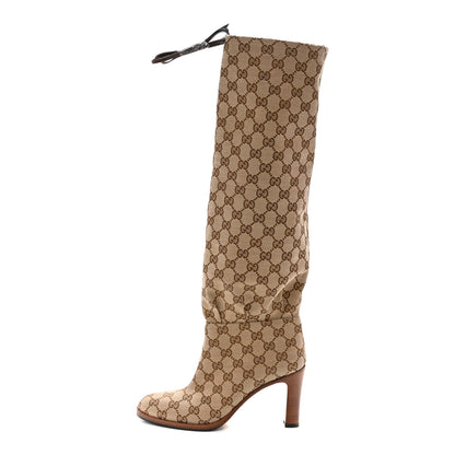 Gucci Monogram Malaga Kid Lisa Mid Heel Boots 37.5 Beige Ebony 1 of 7