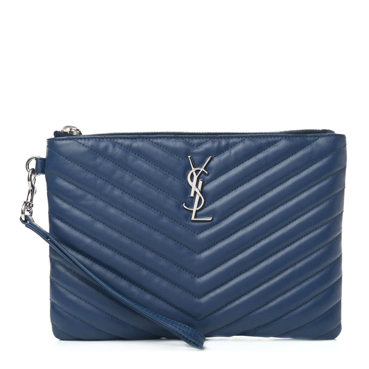 Saint Laurent Calfskin Matelasse Chevron Monogram Zip A5 Pouch Medium Blue 1 of 8