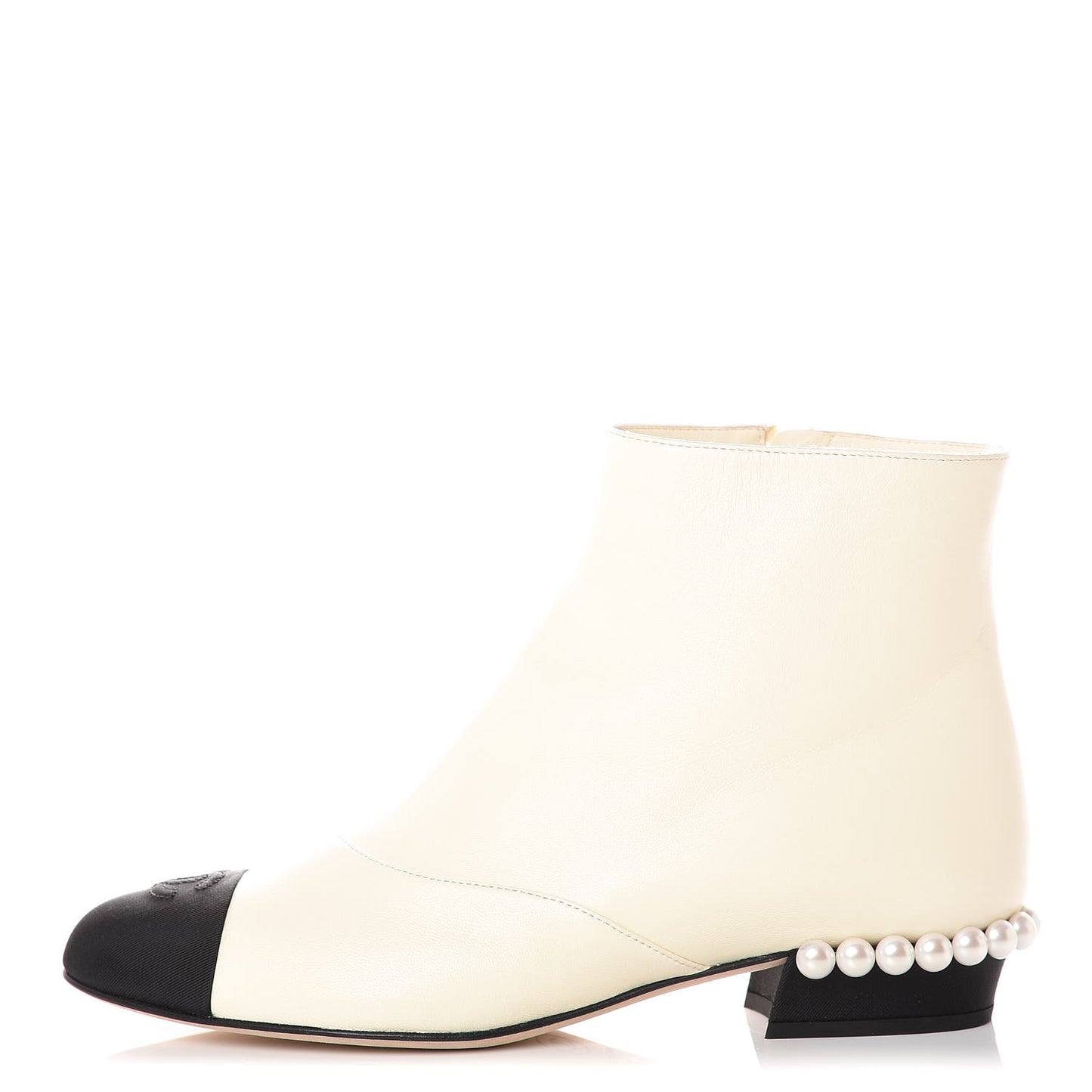 Lambskin Grosgrain Pearl Cap Toe Short Boots 37 Ivory Black