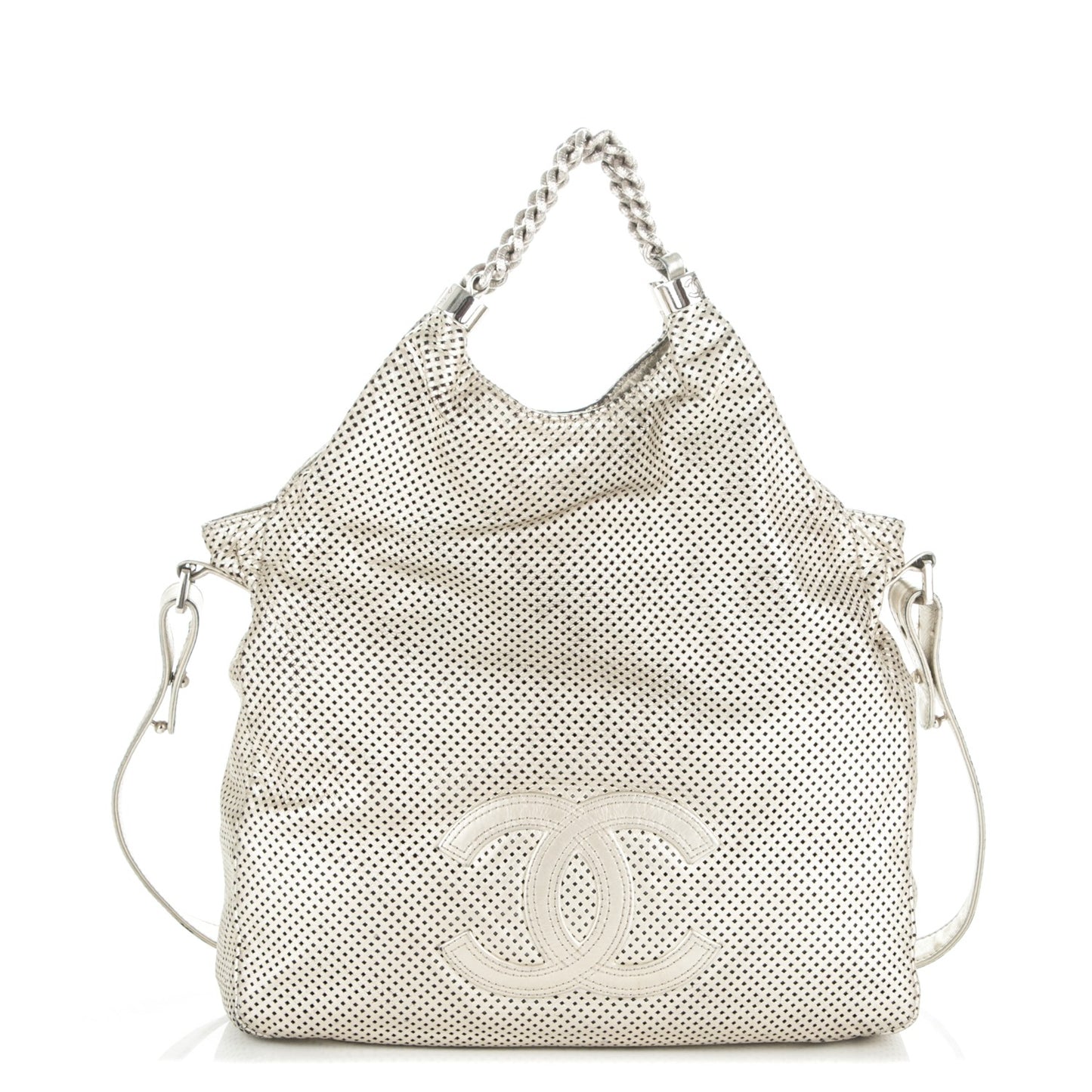 Metallic Glazed Calfskin Perforated Large Rodeo Drive Tote Silver