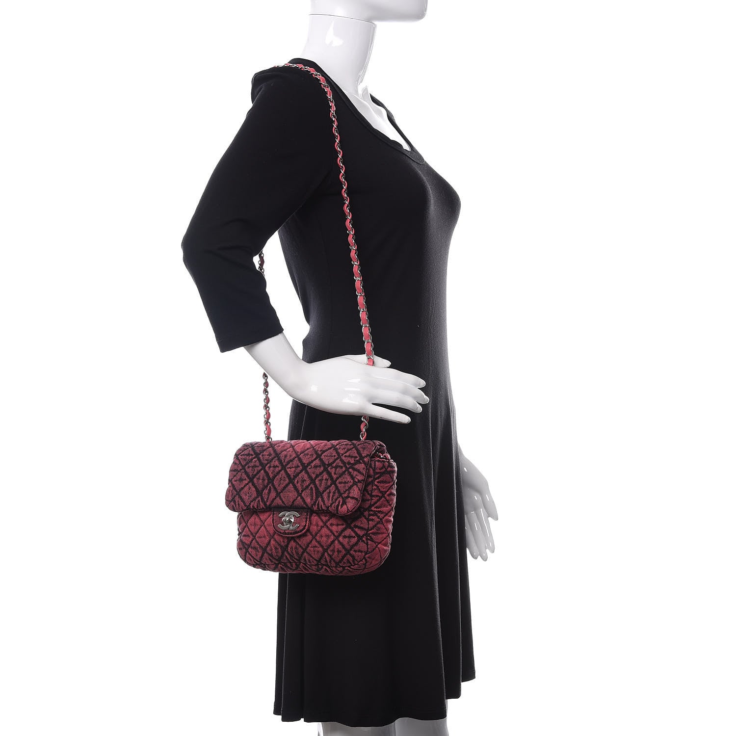 Chanel Washed Denim Quilted Small Denimpression Flap Red Black 2 of 11