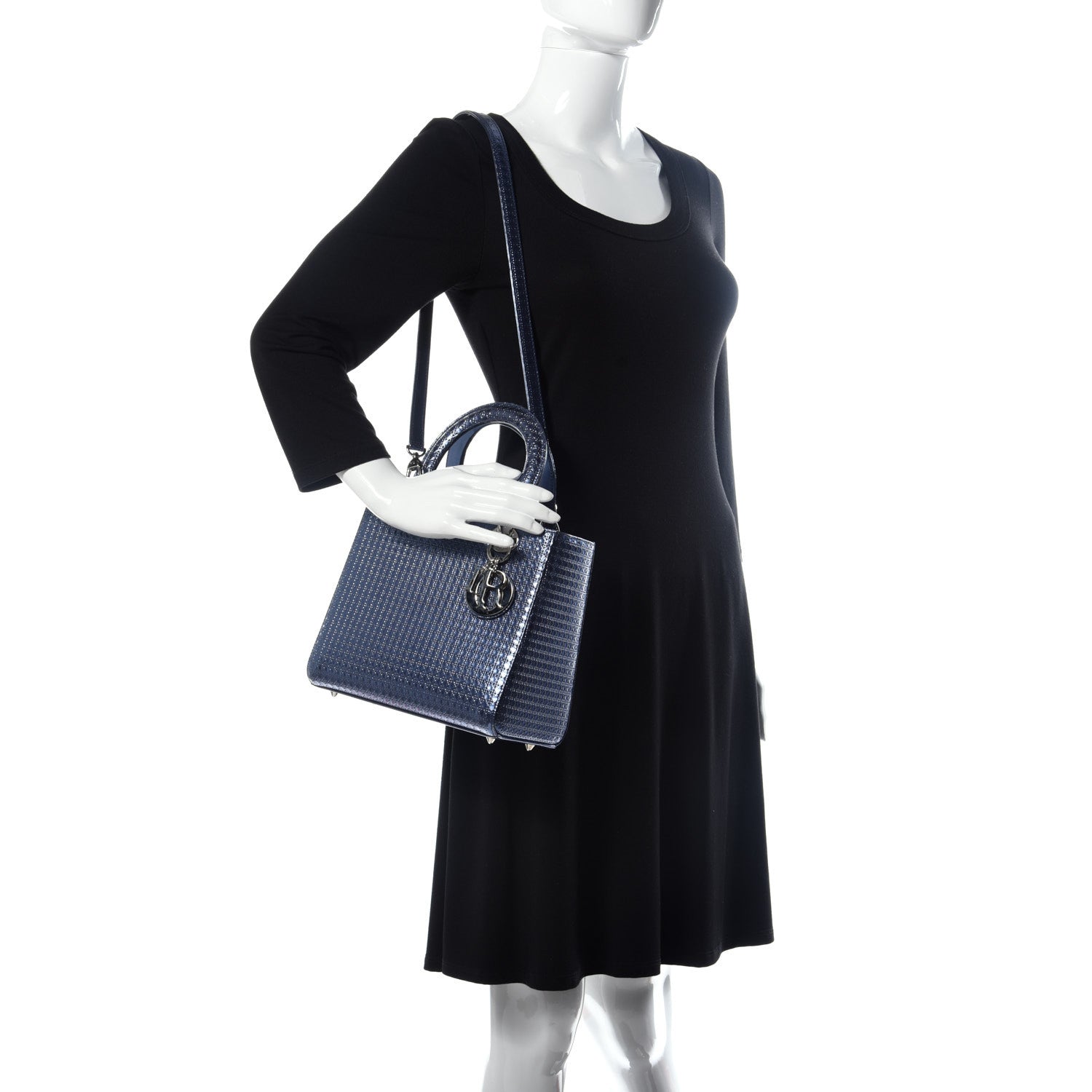Christian Dior Metallic Patent Micro-Cannage Medium Lady Dior Blue 2 of 9