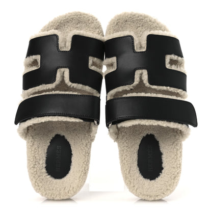 Hermes Calfskin Woolskin Womens Chypre Sandals 38 Black Ecru 2 of 11