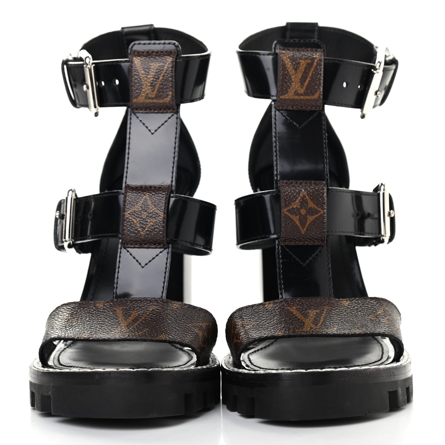 Patent Calfskin Monogram Star Trail Sandal 38 Black
