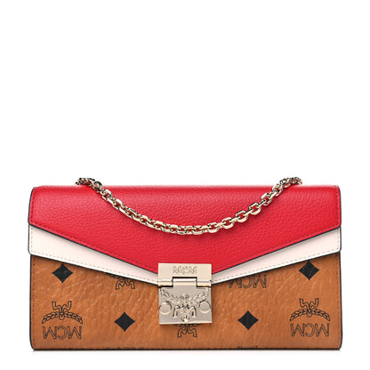 MCM Calfskin Visetos Monogram Patricia Color Block Wallet On Chain Cognac Ruby Red White 1 of 4