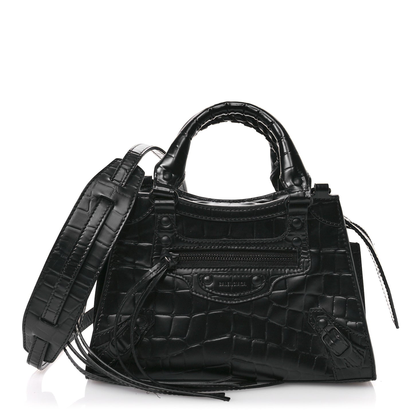 Semi Shiny Calfskin Crocodile Embossed Neo Classic Black Hardware Mini City Black