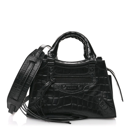 Balenciaga Semi Shiny Calfskin Crocodile Embossed Neo Classic Black Hardware Mini City Black 1 of 10