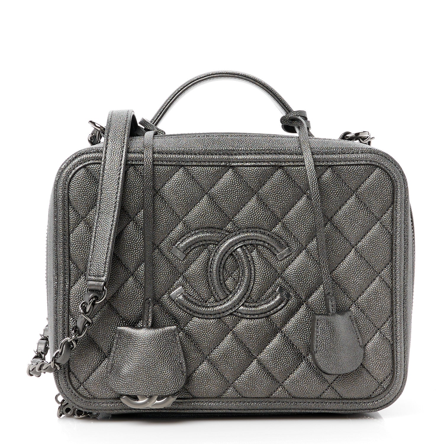 Chanel Metallic Caviar Quilted Medium CC Filigree Vanity Case Dark Silver 1 of 16