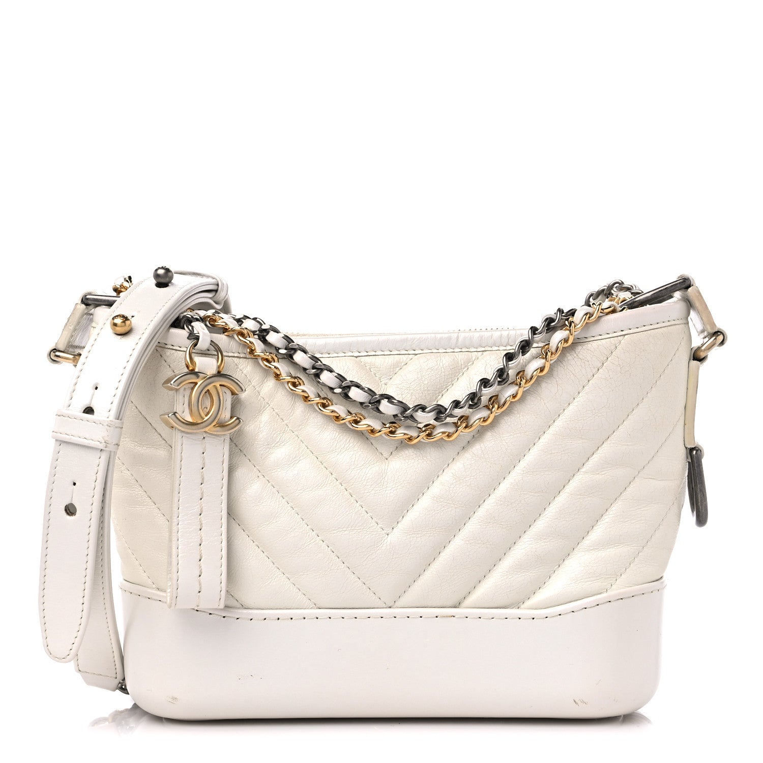 Chanel Aged Calfskin Chevron Quilted Small Gabrielle Hobo White 1 of 17
