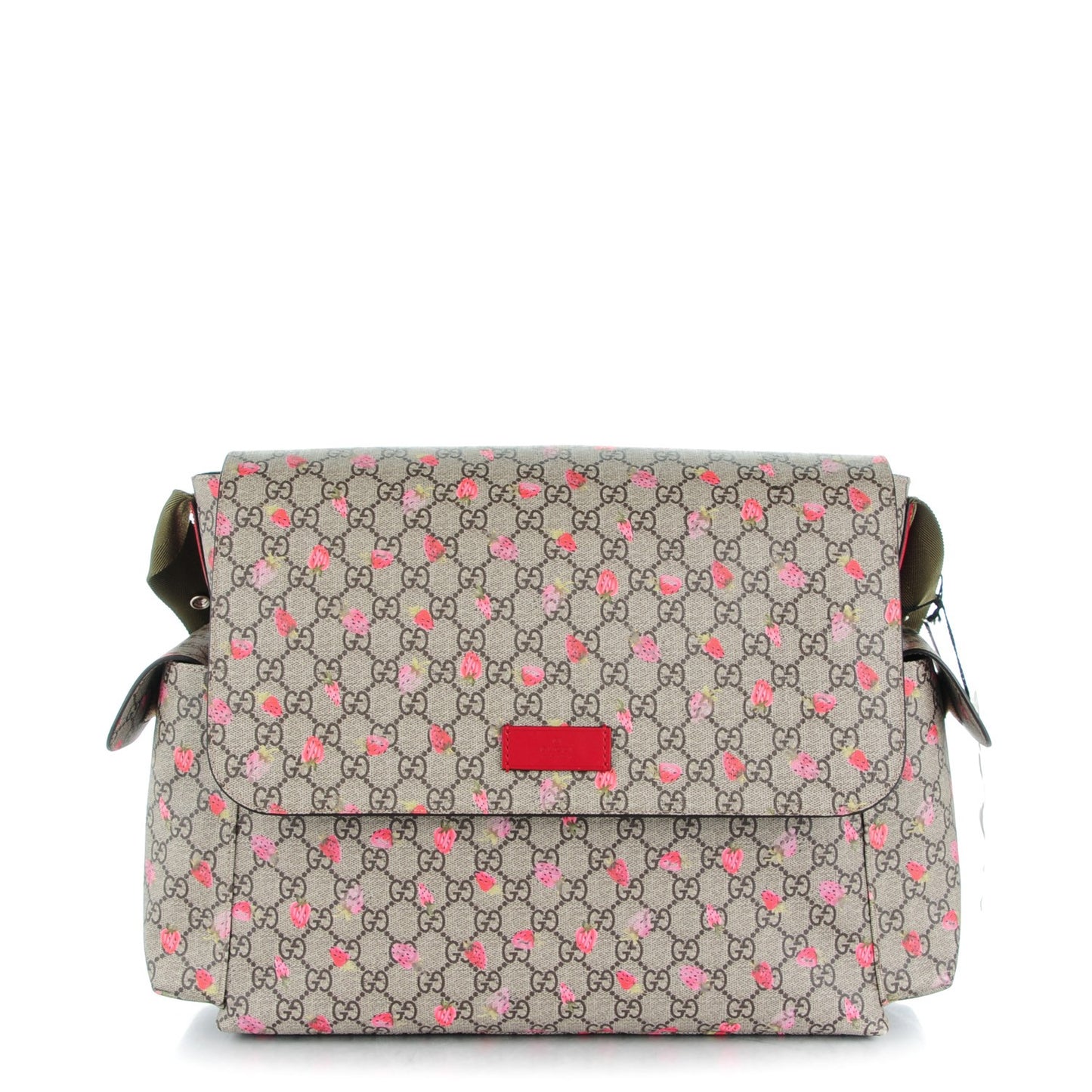 GG Supreme Monogram Strawberry Messenger Diaper Bag Beige