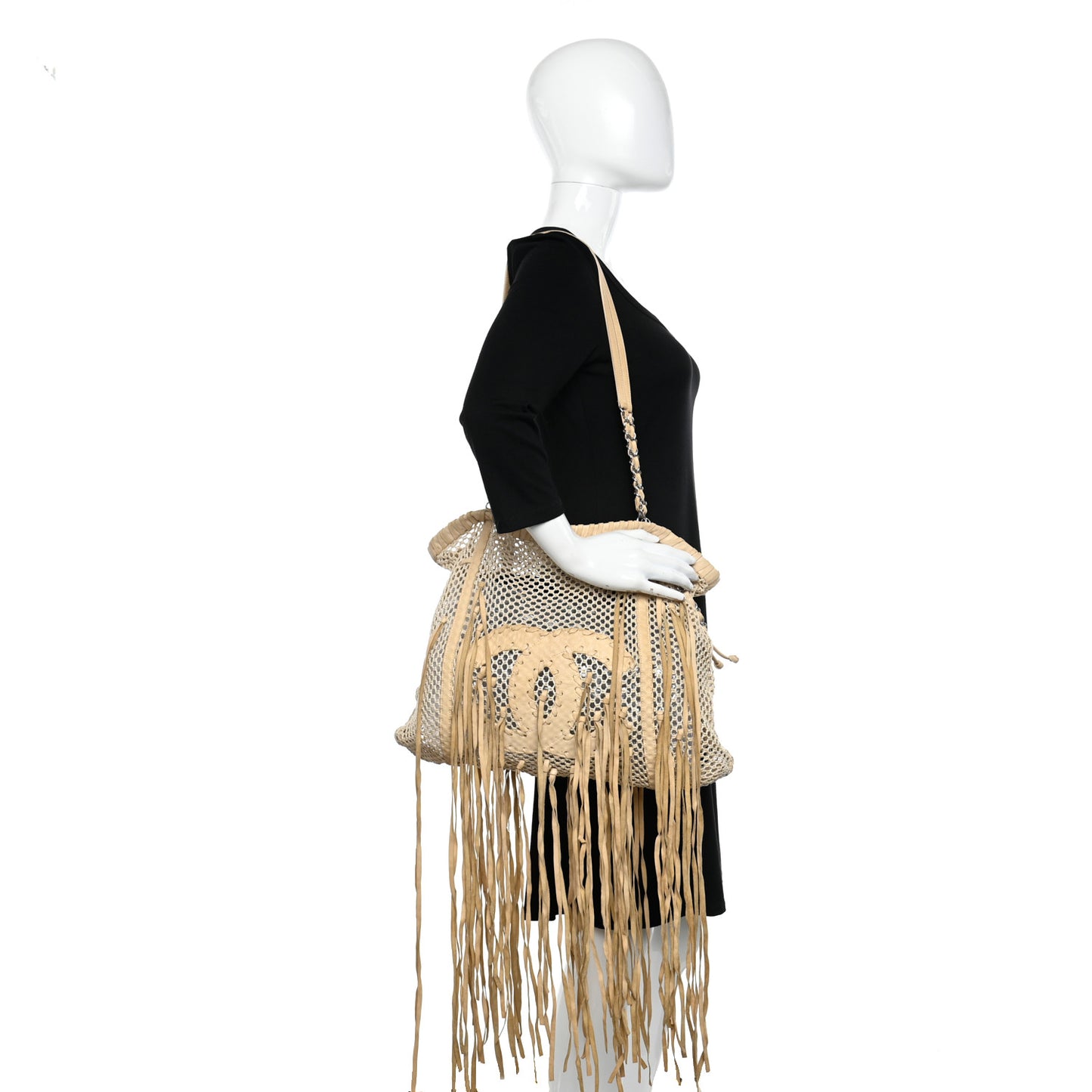 Calfskin Fringe Large La Madrague Tote Dark White