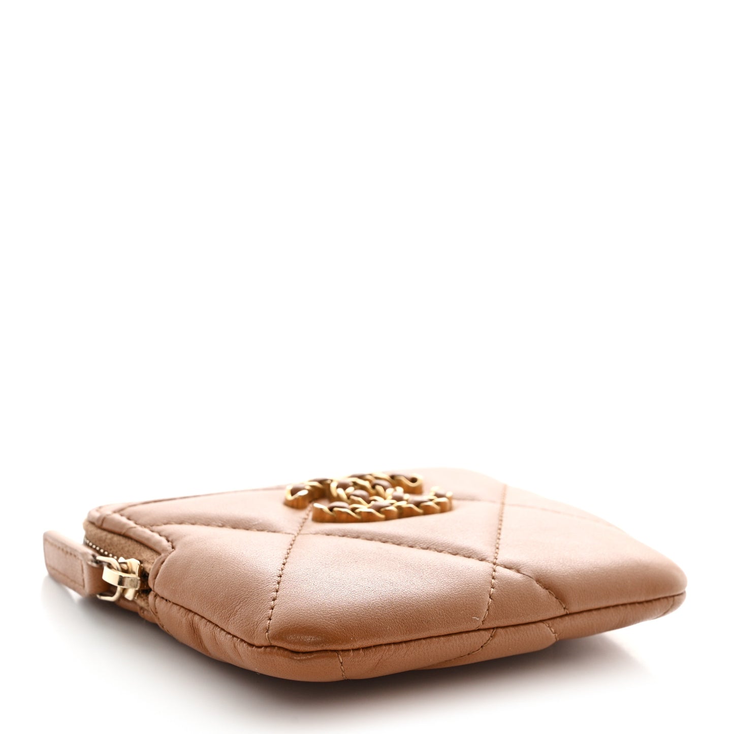 Lambskin Quilted Chanel 19 Zip Card Holder Wallet Brown
