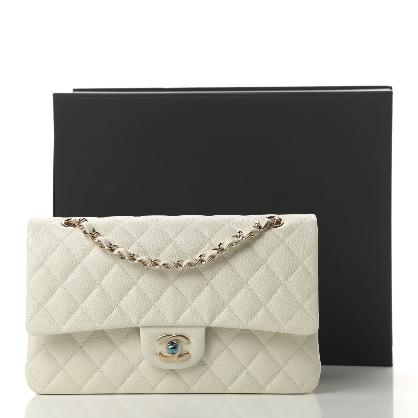 Caviar Quilted Medium Double Flap White