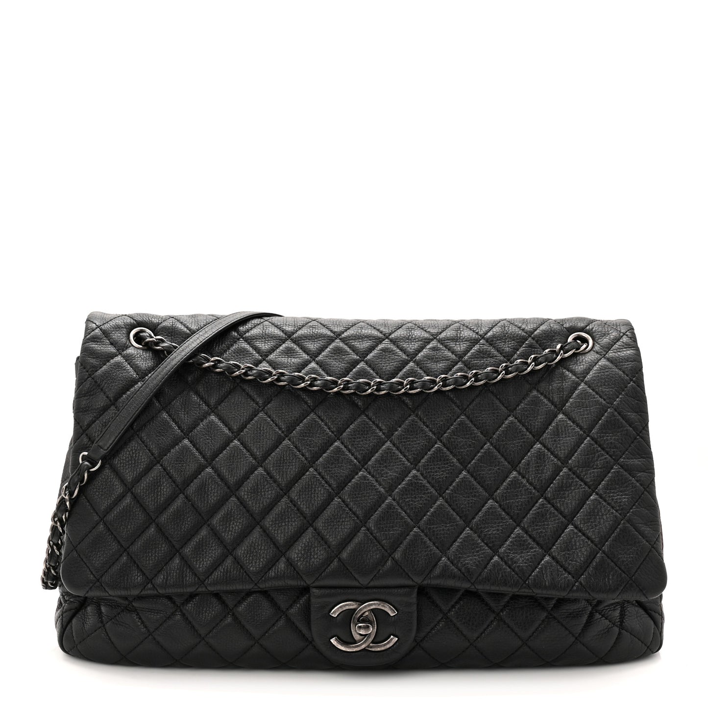 Calfskin Quilted XXL Travel Flap Bag Black
