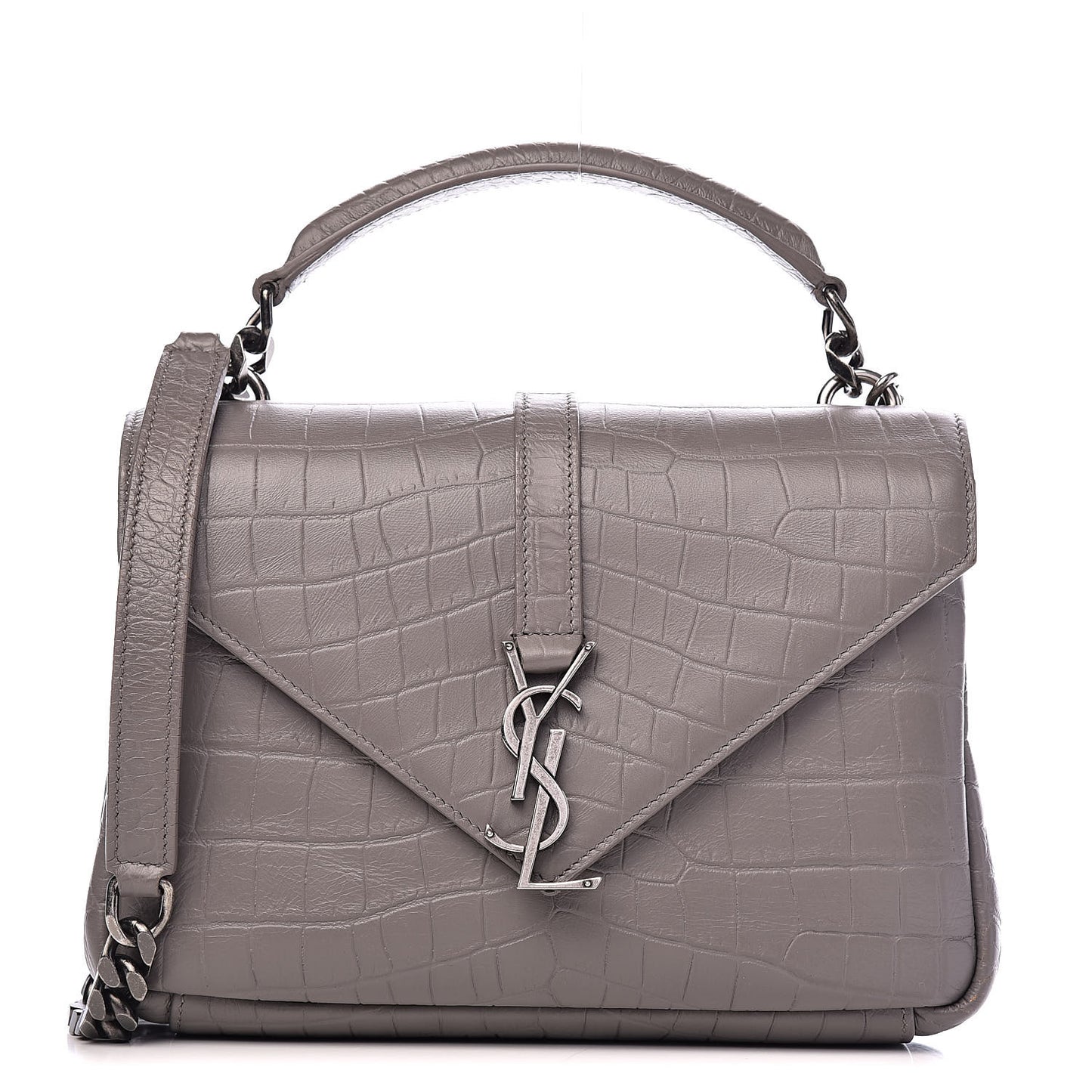 Calfskin Crocodile Embossed Medium College Monogram Satchel Gray