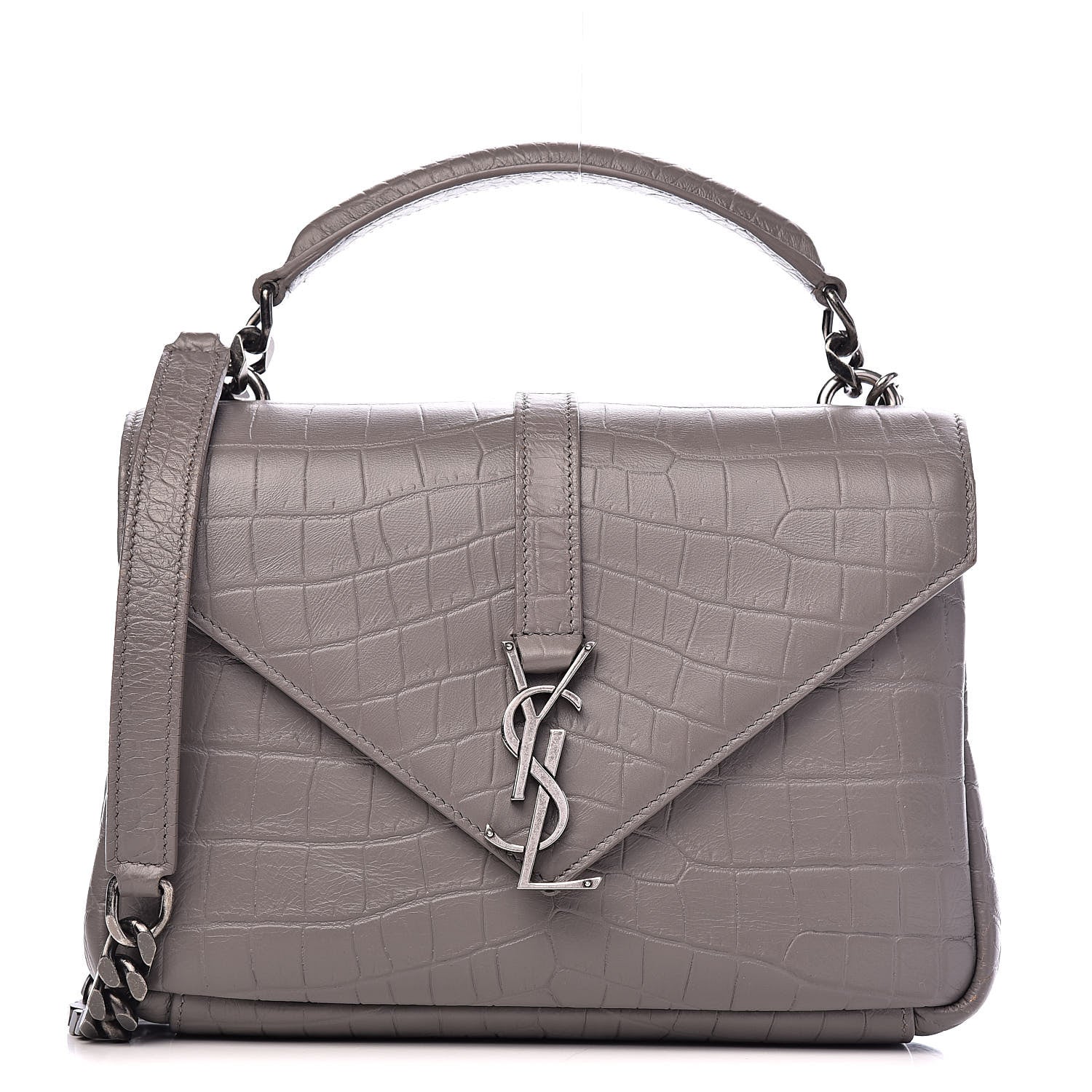 Saint Laurent Calfskin Crocodile Embossed Medium College Monogram Satchel Gray 1 of 15