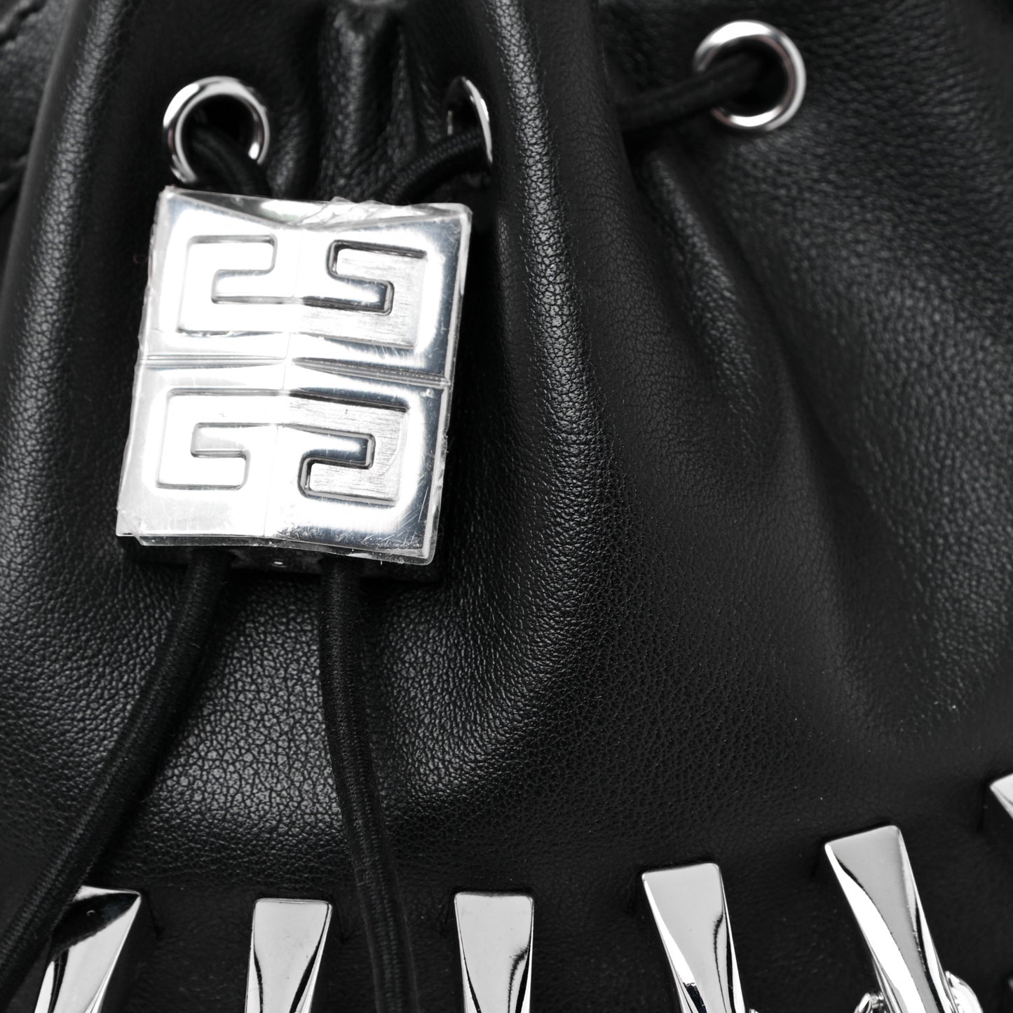 Calfskin Spiked Drawstring Bucket Bag Black