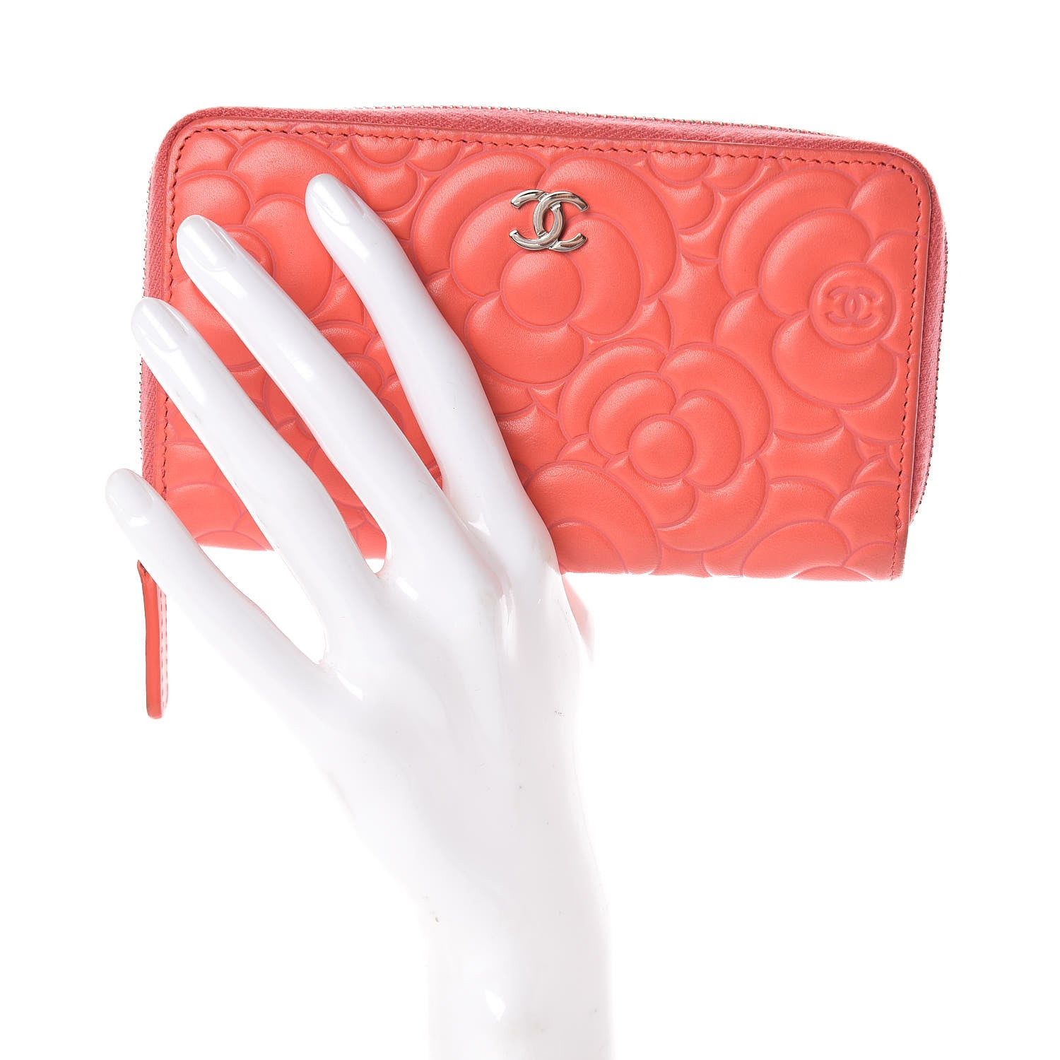 Chanel Lambskin Camellia Embossed Small Zip Around Wallet Coral 2 of 13