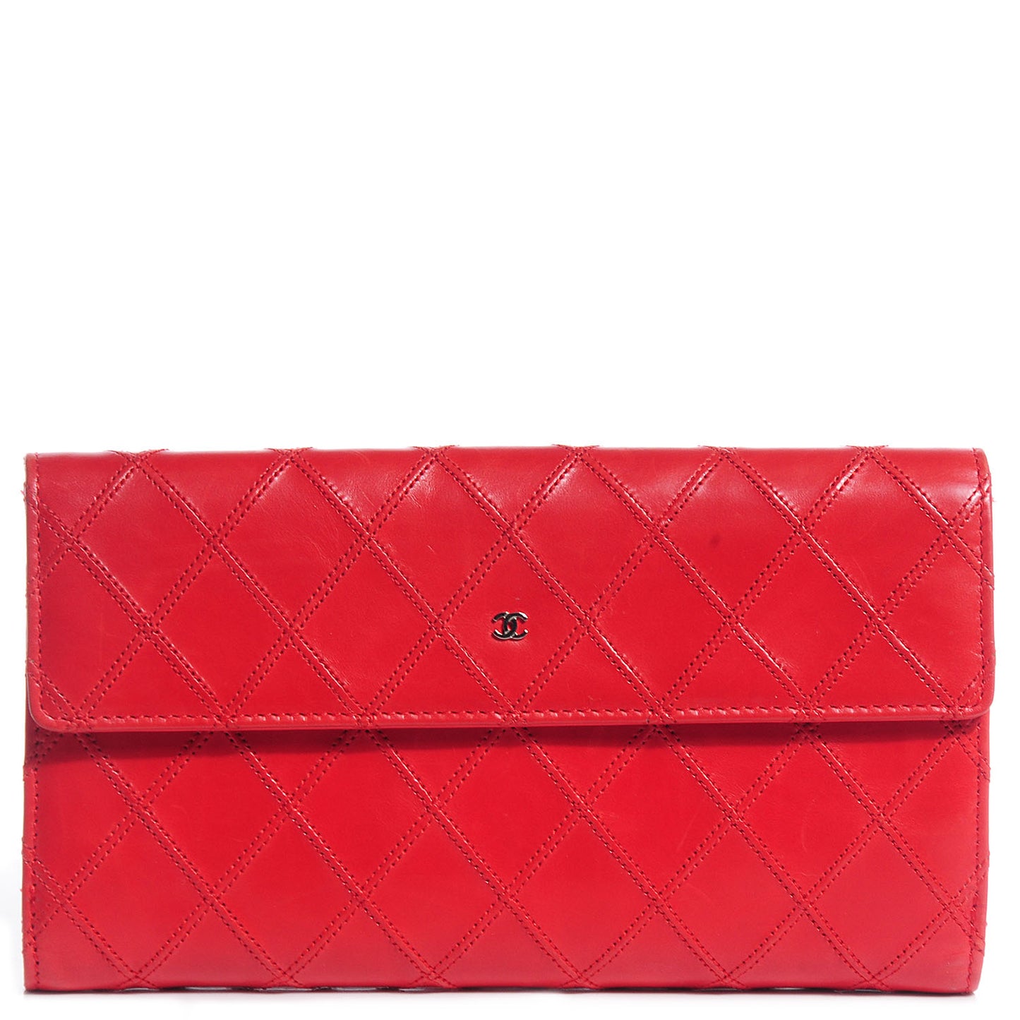 Lambskin Diamond Stitched Long Flap Wallet Red
