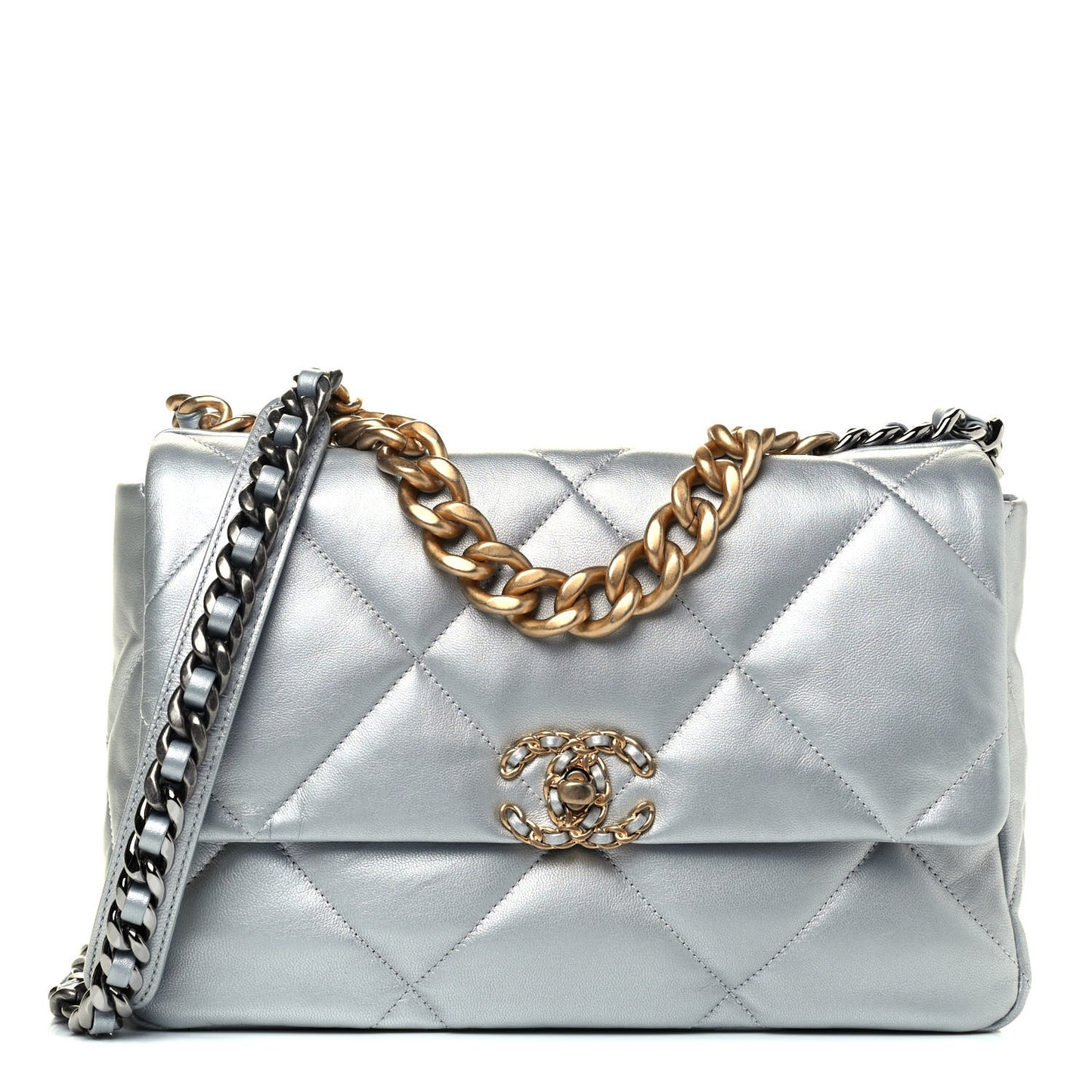 Metallic Goatskin Quilted Large Chanel 19 Flap Silver