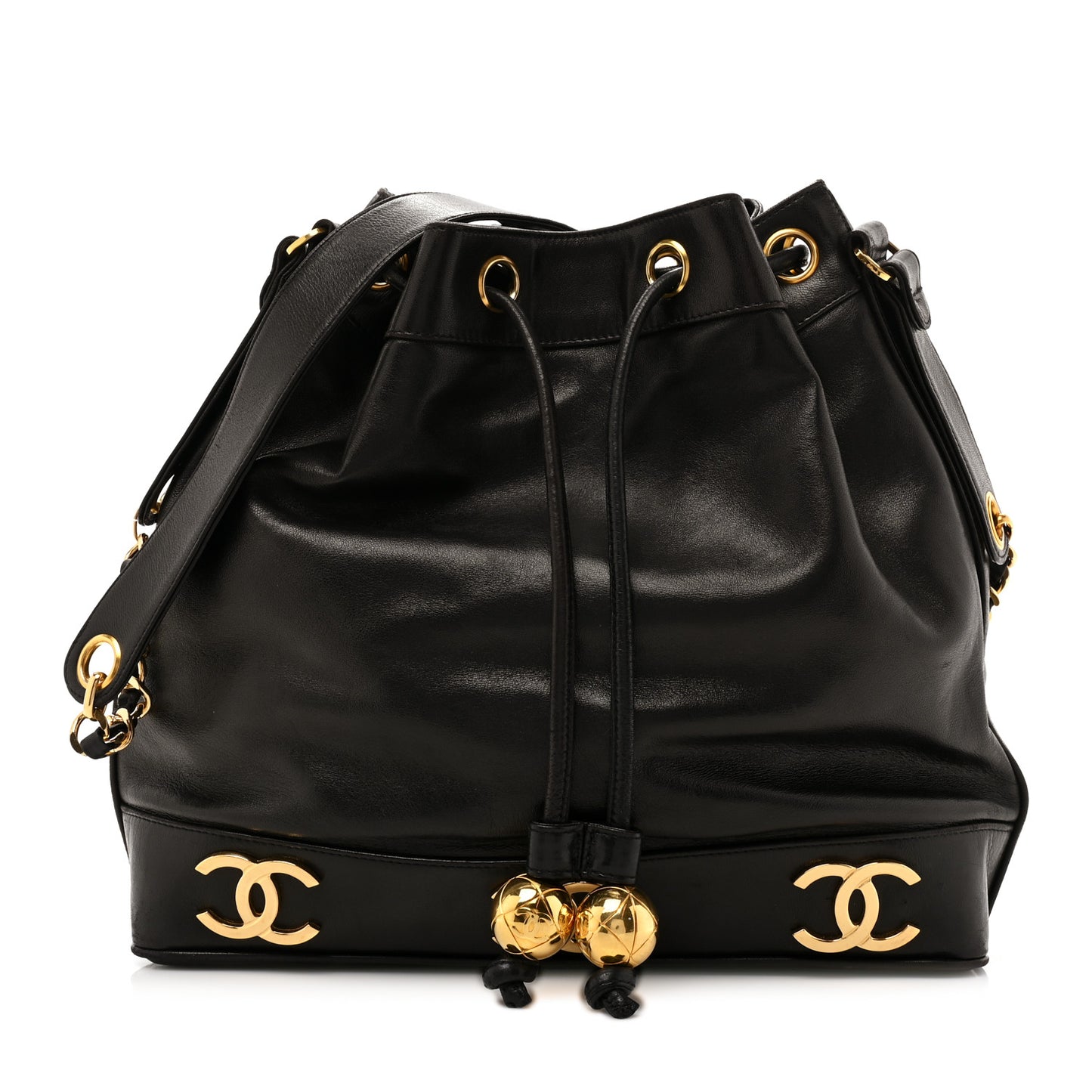 Lambskin CC Drawstring Shoulder Bag Black