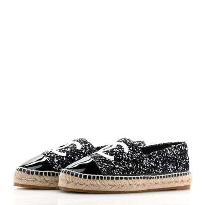 Chanel Tweed Lambskin Patent CC Espadrilles 40 Black White 3 of 9