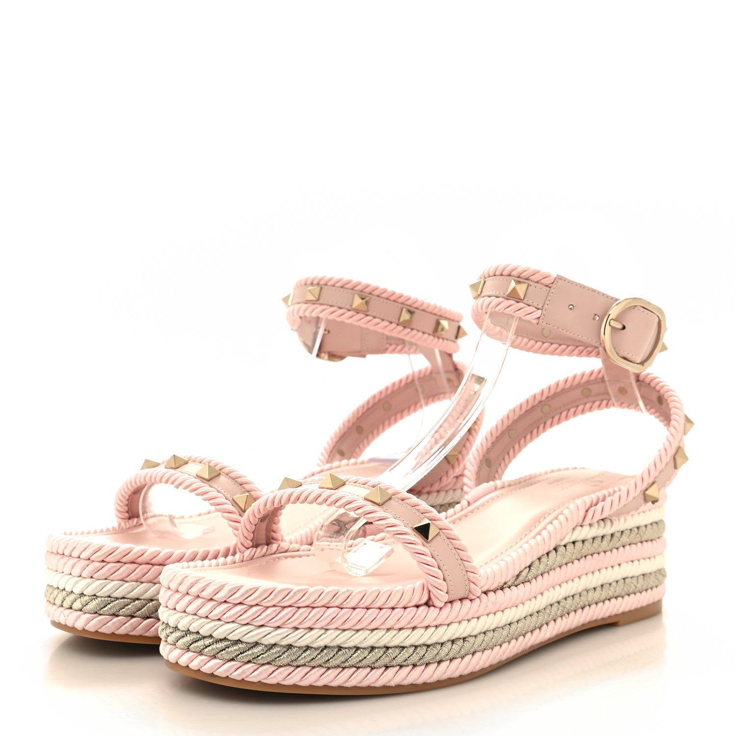 Valentino Garavani Calfskin Rockstud Rope Espadrille Wedge Sandals 41 Pink 3 of 8