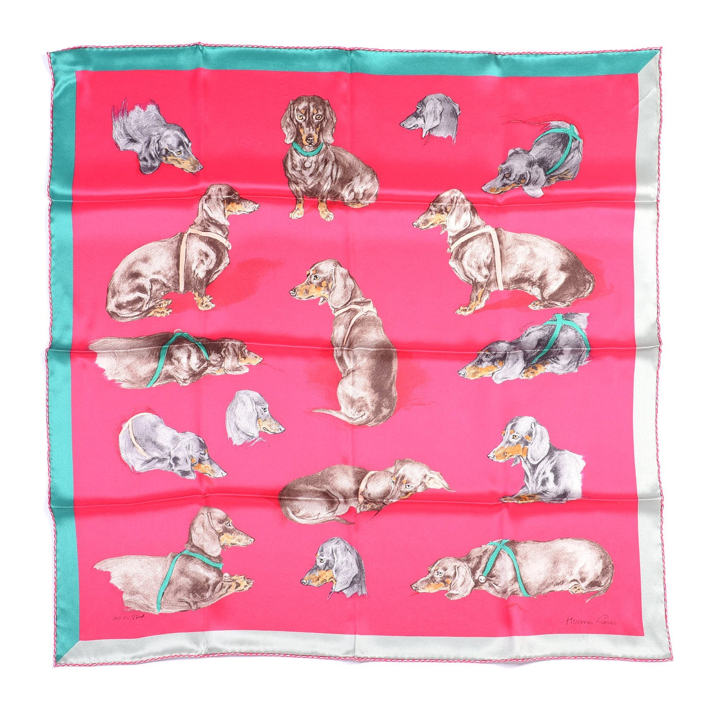 Silk Les Bassets Scarf 70 Fuchsia Etoupe Vert