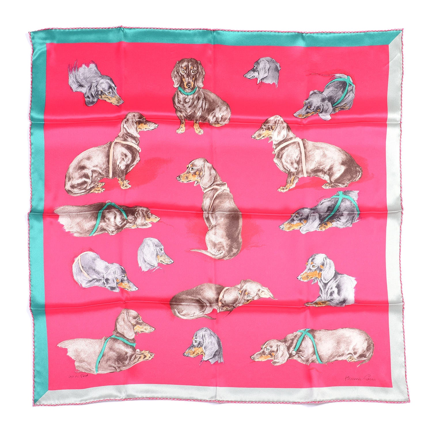 Hermes Silk Les Bassets Scarf 70 Fuchsia Etoupe Vert 1 of 4