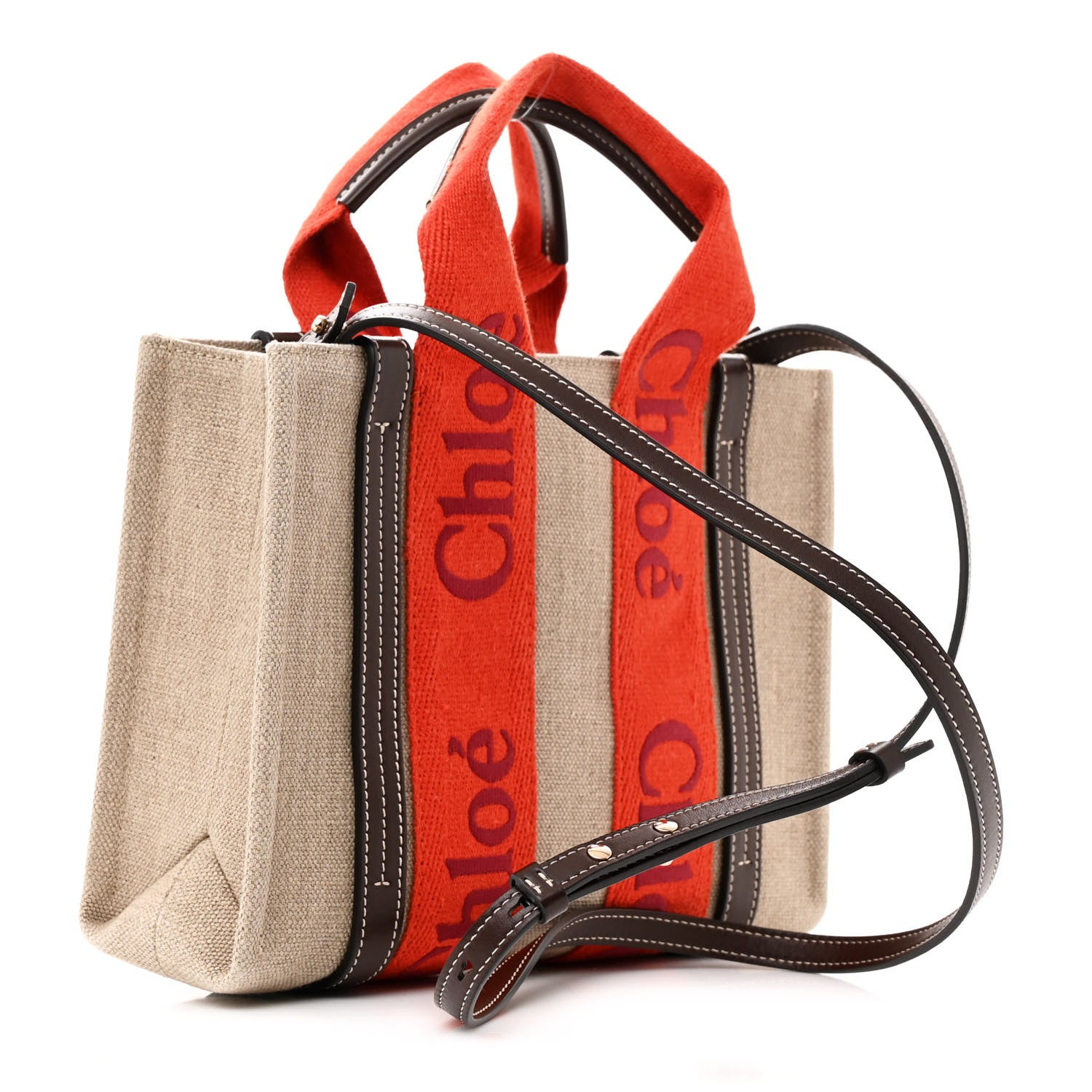 Chloe Cotton Calfskin Small Woody Ribbon Tote With Strap Orange Brown 3 of 17