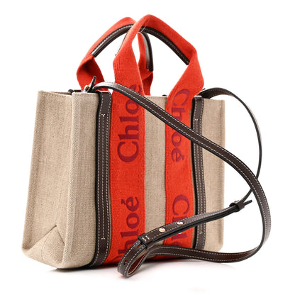 Chloe Cotton Calfskin Small Woody Ribbon Tote With Strap Orange Brown 3 of 17
