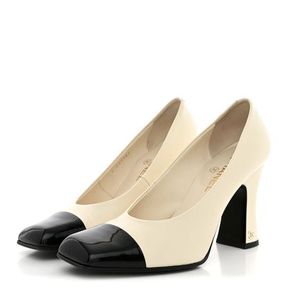 Chanel Lambskin Patent Calfskin Cap Toe Pumps 39.5 Ivory Black 4 of 13