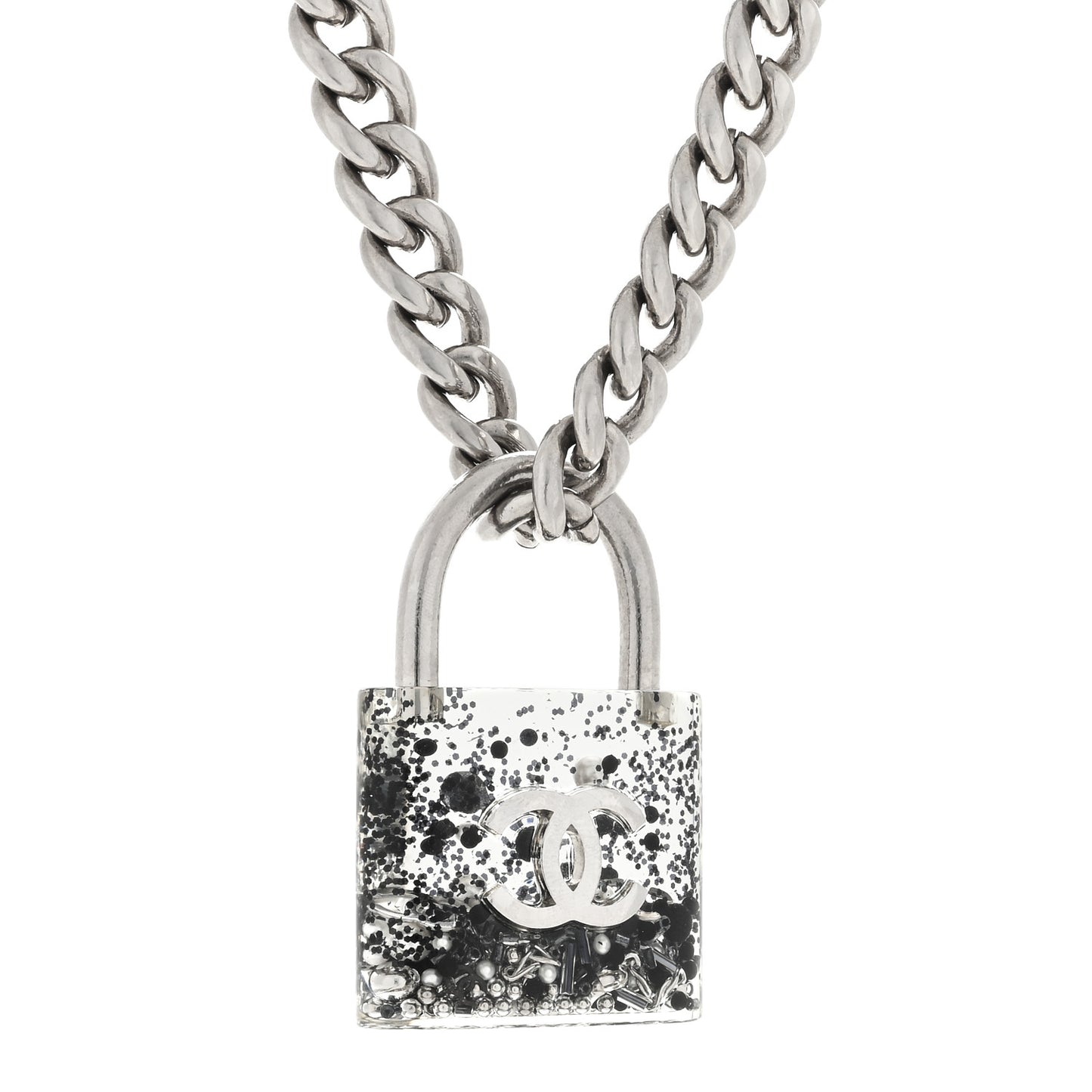 Resin CC Oversized Padlock Chain Necklace Silver Pearly White