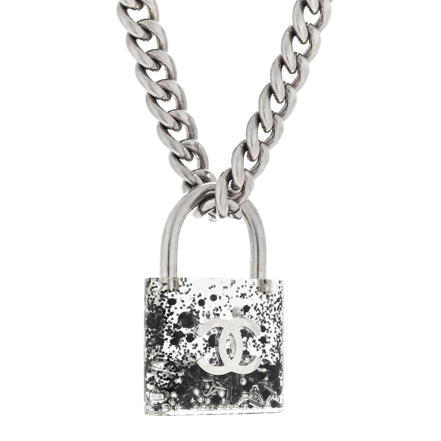 Chanel Resin CC Oversized Padlock Chain Necklace Silver Pearly White 1 of 3