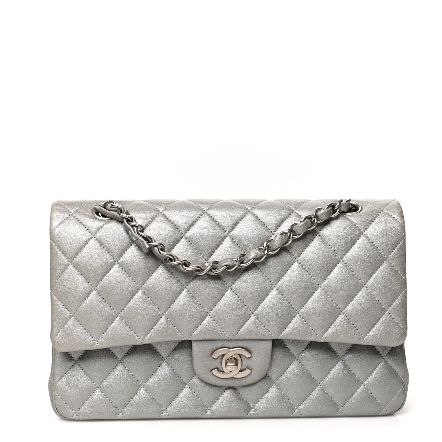 Metallic Lambskin Quilted Medium Double Flap Silver