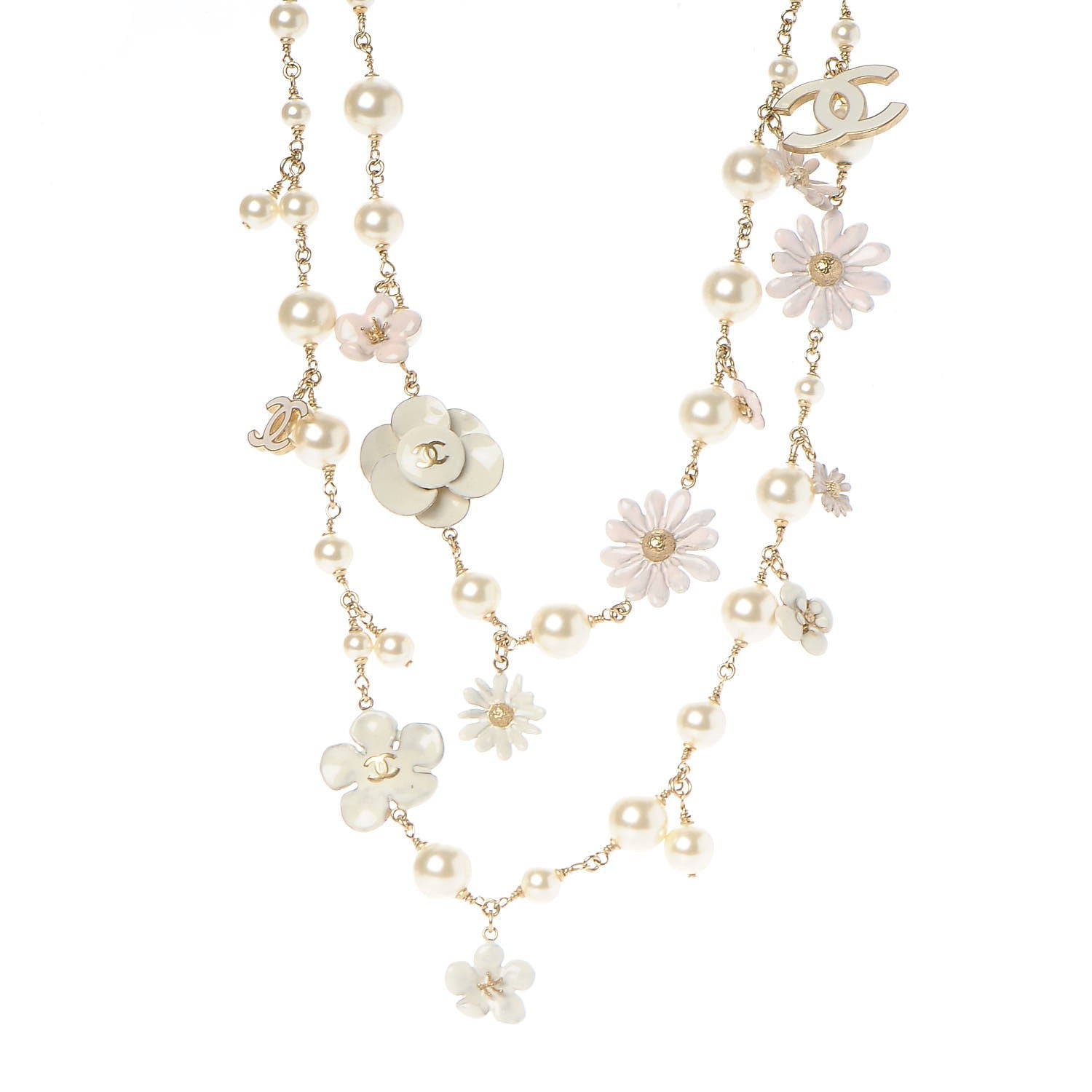 Chanel Pearl Enamel CC Camellia Necklace White Gold 1 of 6