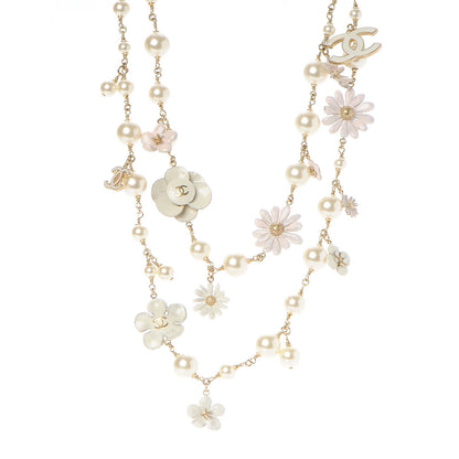 Chanel Pearl Enamel CC Camellia Necklace White Gold 1 of 6
