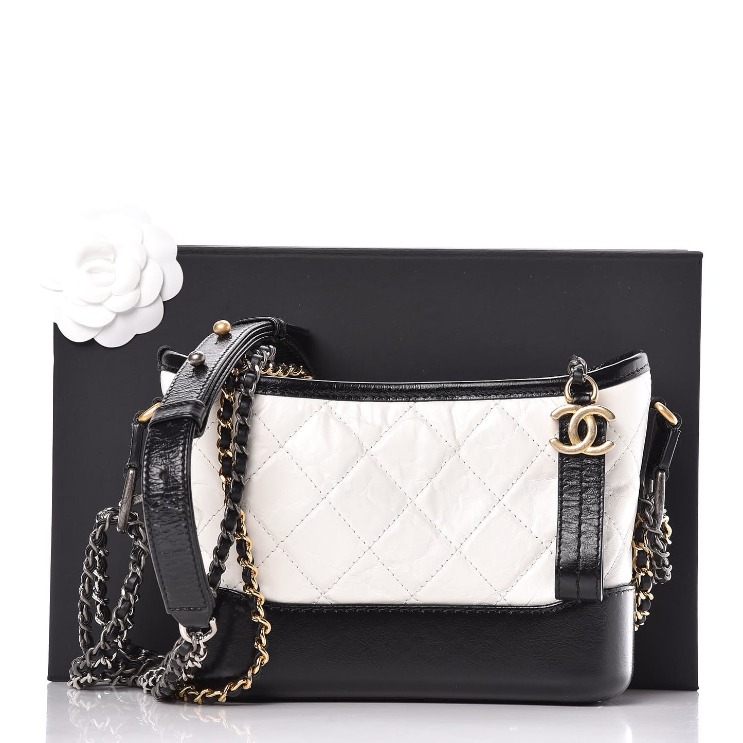 Aged Calfskin Quilted Small Gabrielle Hobo Black White