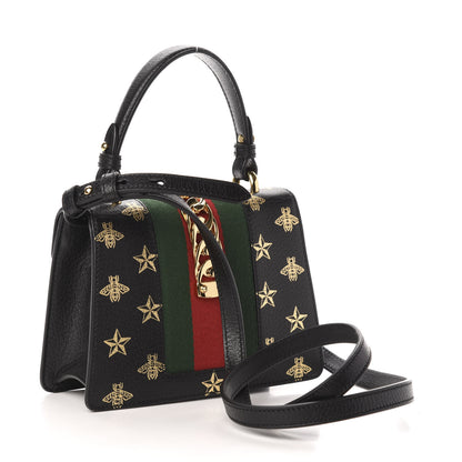 Gucci Textured Calfskin Bee Star Print Mini Sylvie Top Handle Bag Black 3 of 11